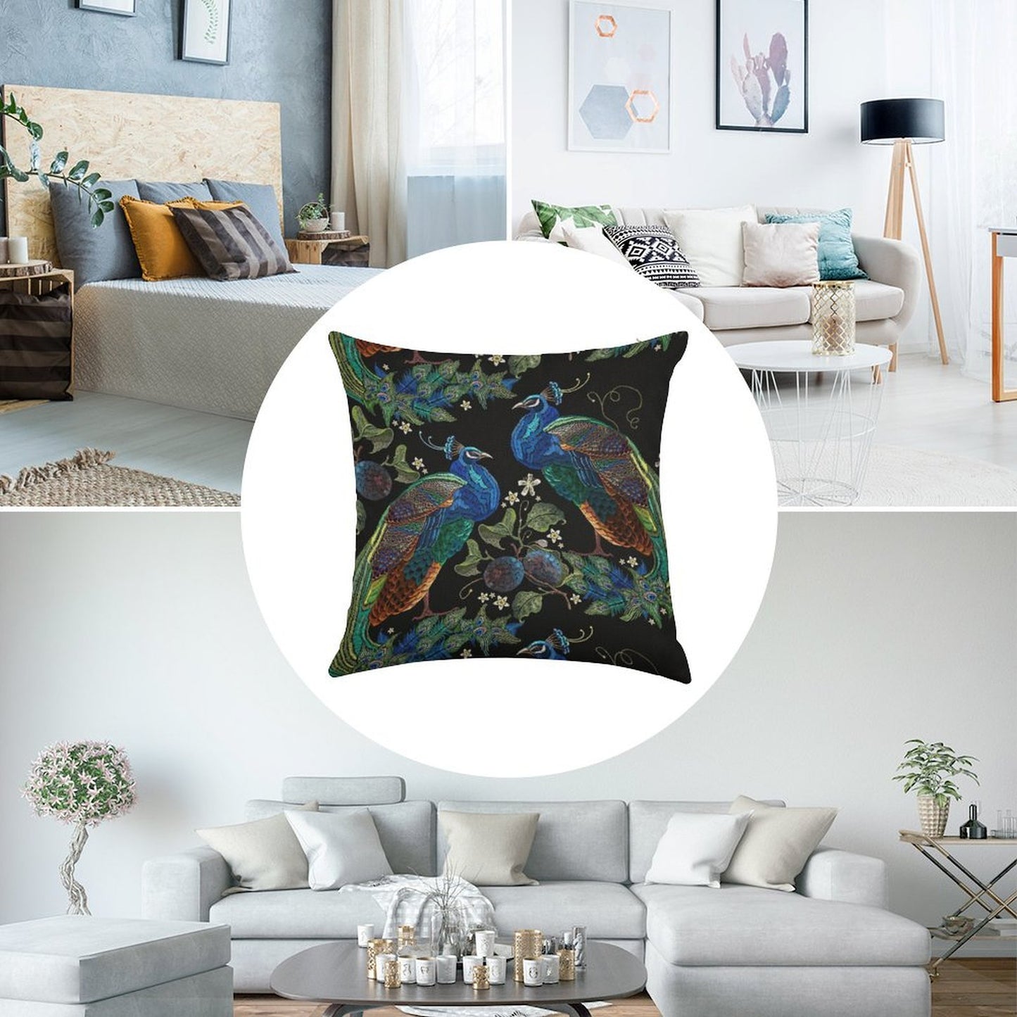 Embroidery Peacocks Linen Throw Pillow Cover