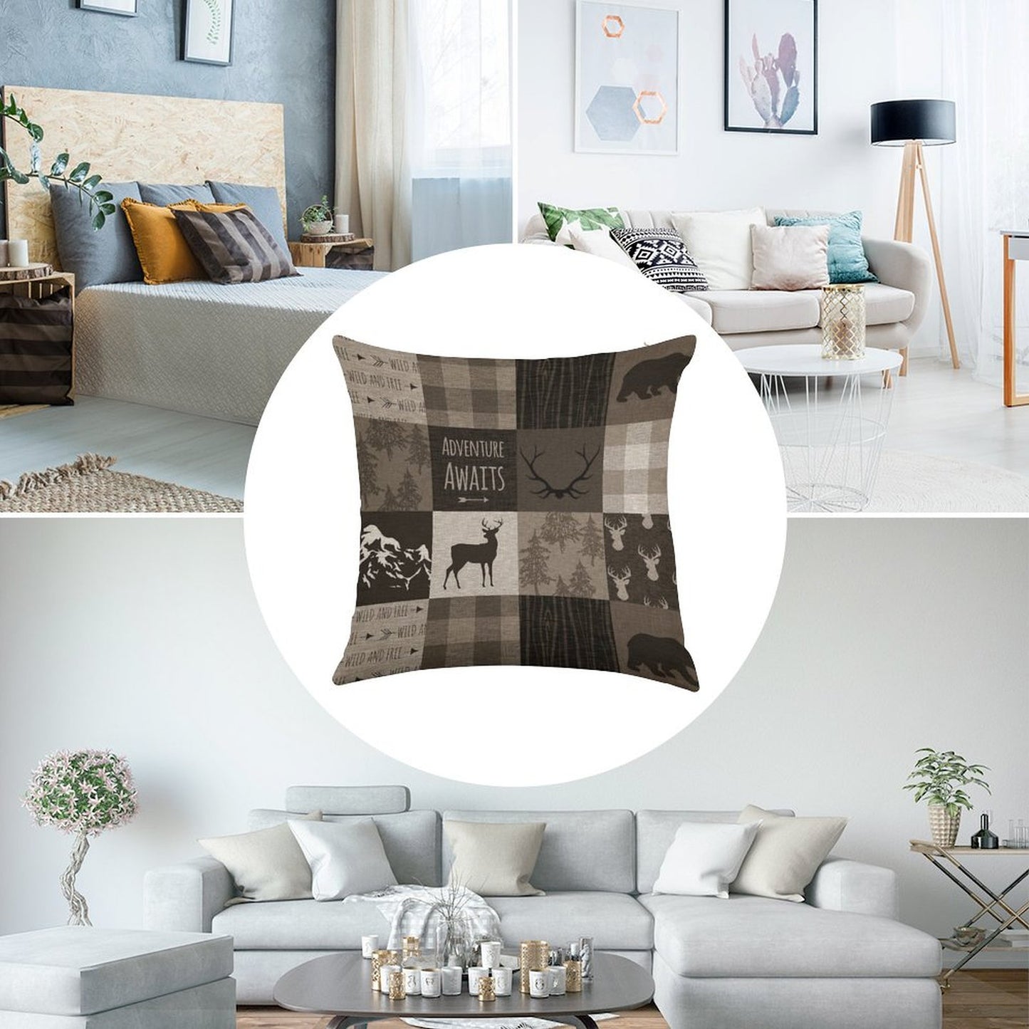 Adventure Patchwork - BrownBeige Linen Throw Pillow Cover