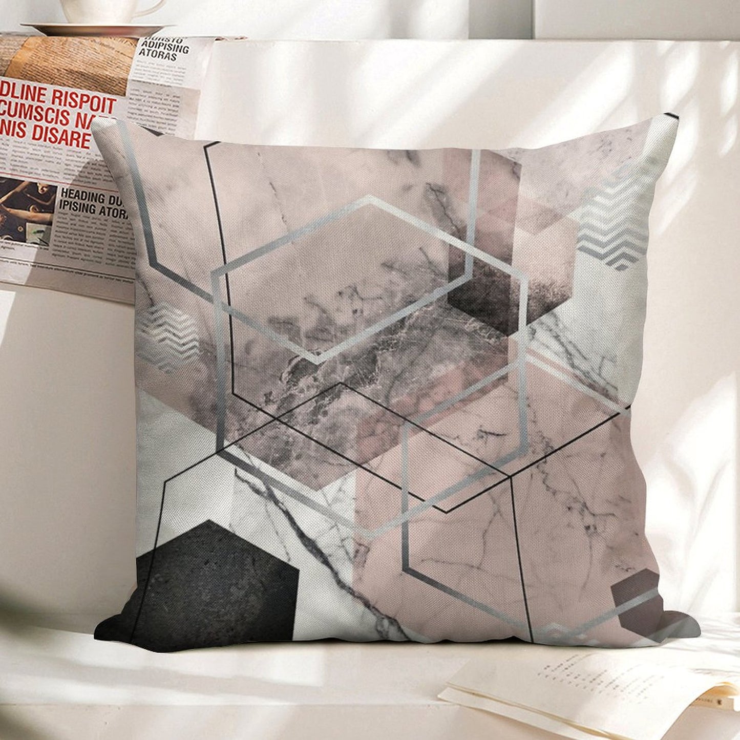 Blush And Grey Geometric Linen Throw Pillow Cover