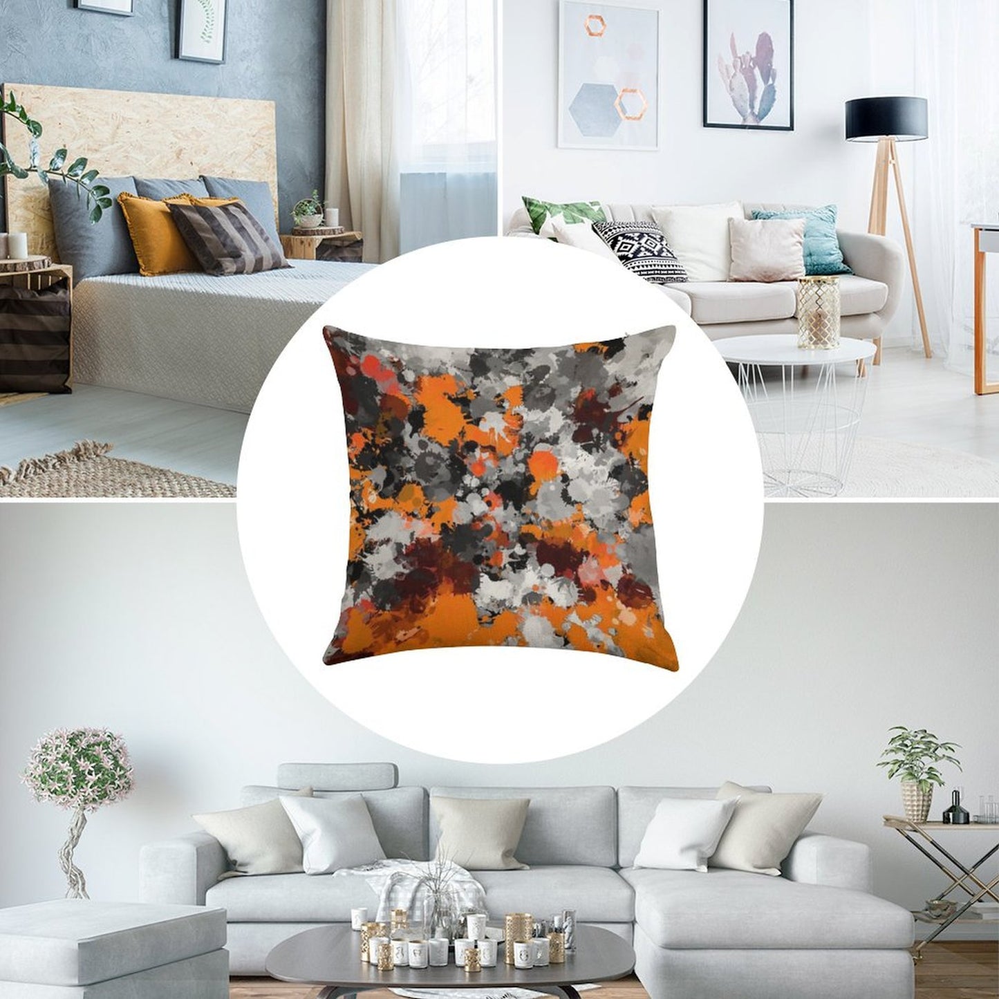 Orange And Grey Paint Splatter Linen Throw Pillow Cover