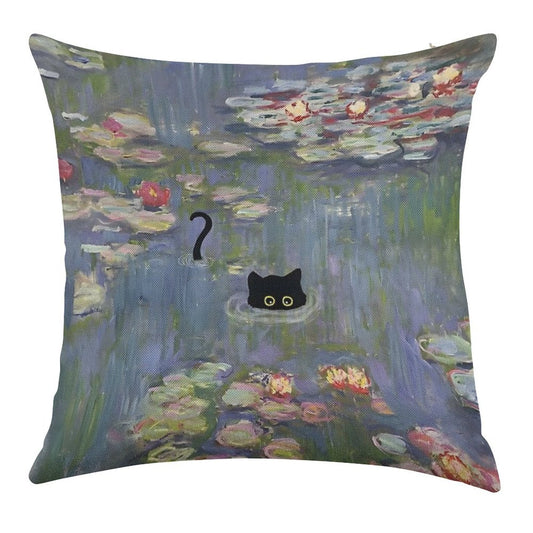 Cat Monet Waterlily Linen Throw Pillow Cover