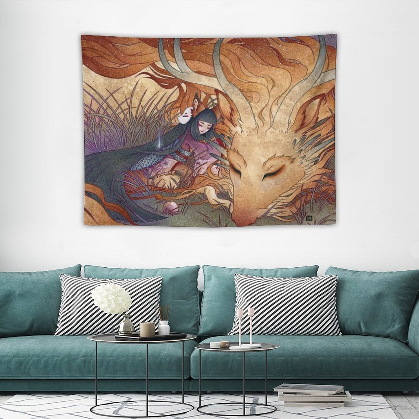 Slumbering Kitsune And Dragon Tapestry
