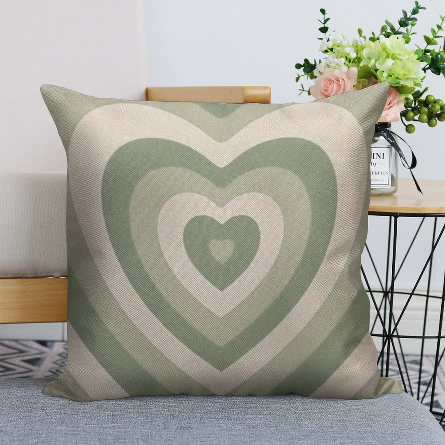 Sage Green Heart Linen Throw Pillow Cover