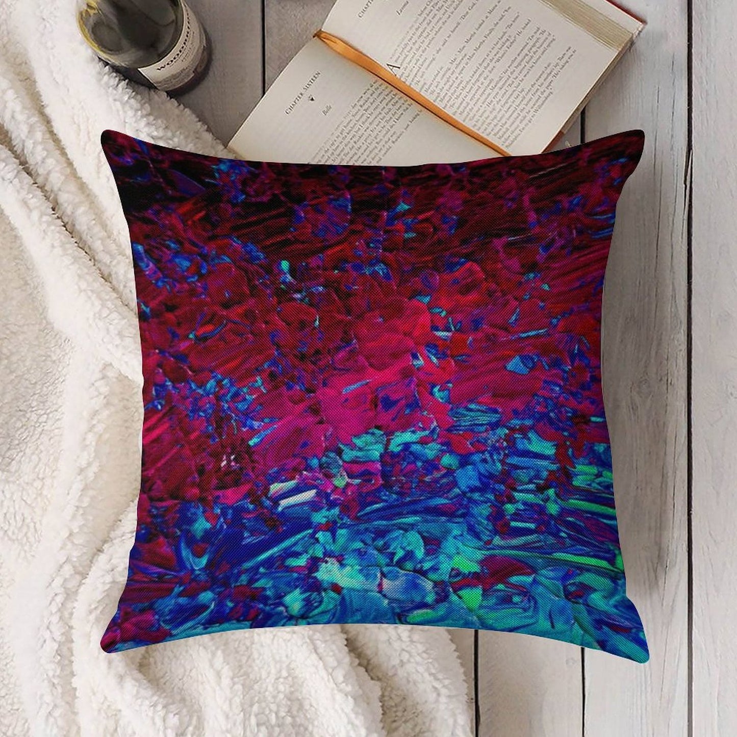 ETERNAL TIDE Bold Rich Colorful Deep Purple Fuchsia Magenta Turquoise Royal Blue Ombre Waves Abstract Acrylic Painting Linen Throw Pillow Cover