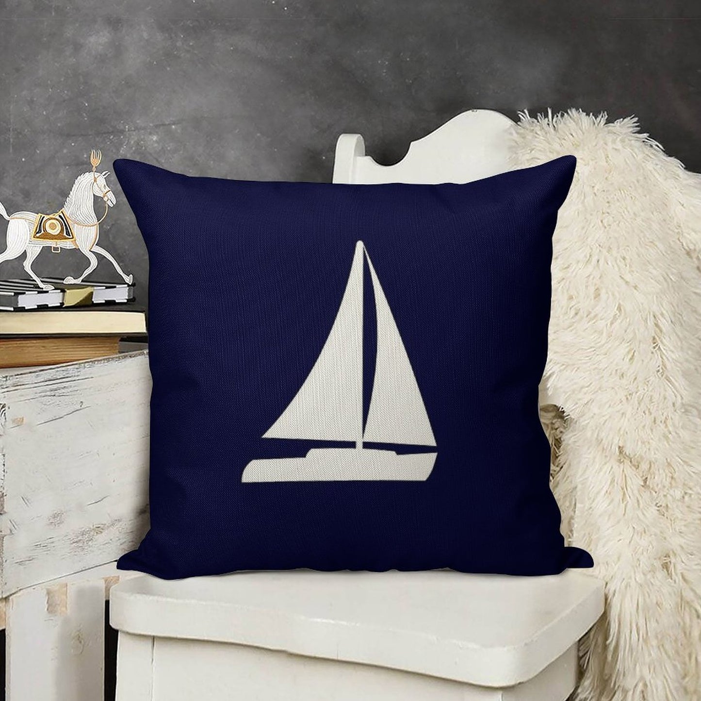 Sailboat Silhouette On Navy Blue Linen Throw Pillow Cover