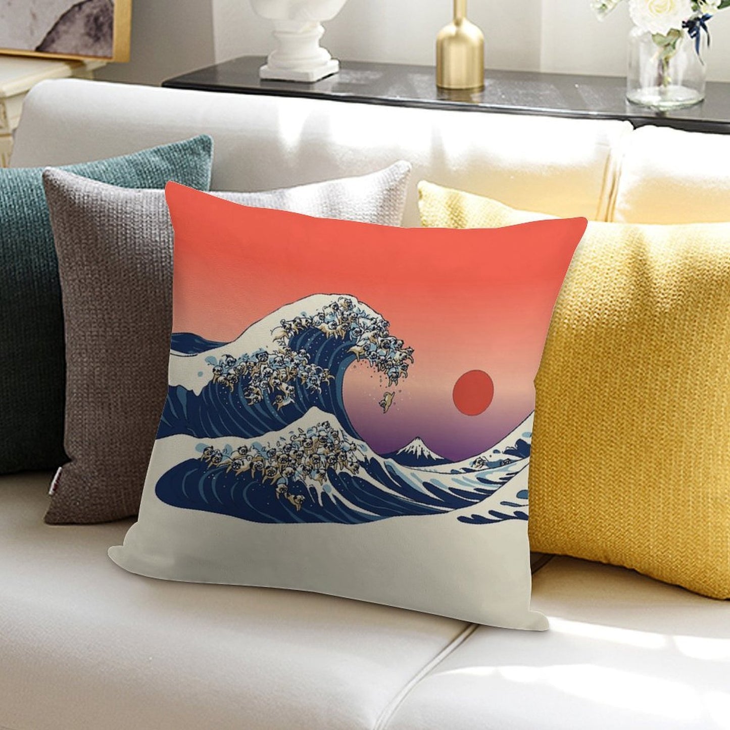 The Great Wave of Pug Soft High-Density Material Throw Pillow