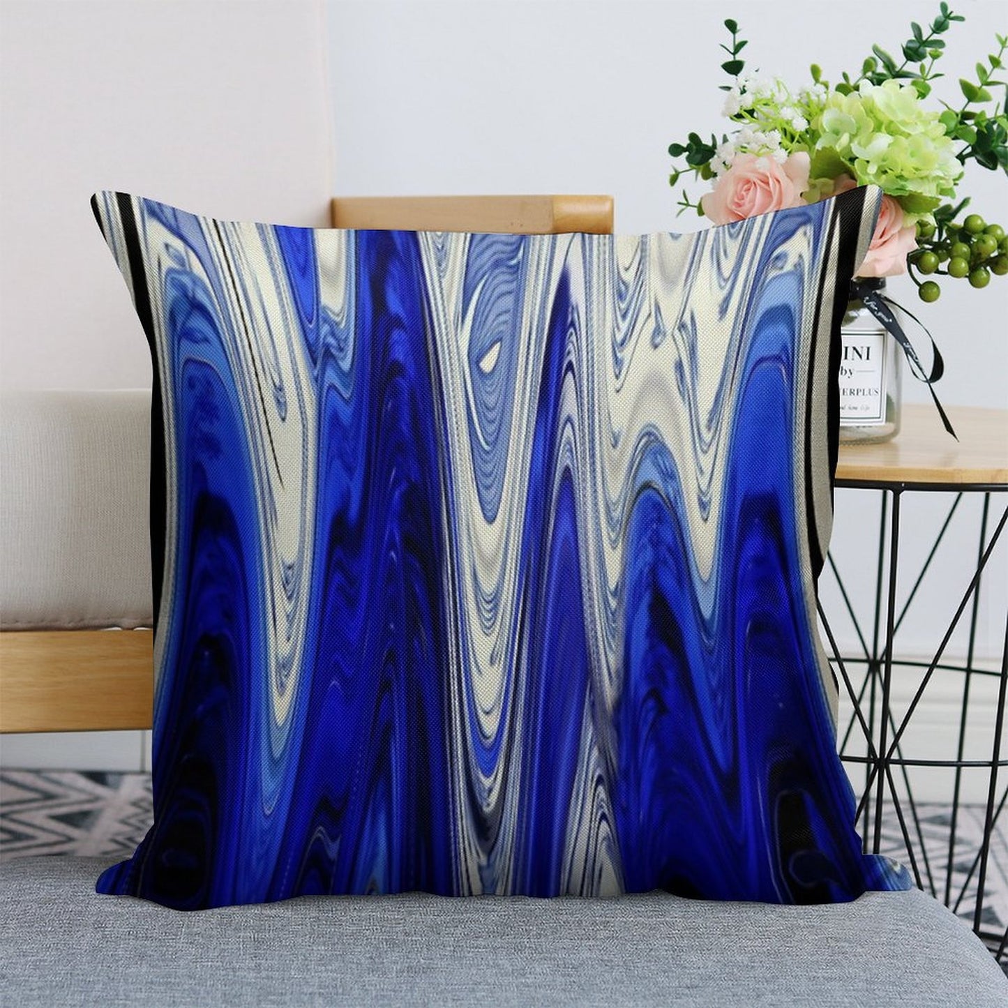 Zigzag Cobalt Blue Linen Throw Pillow Cover