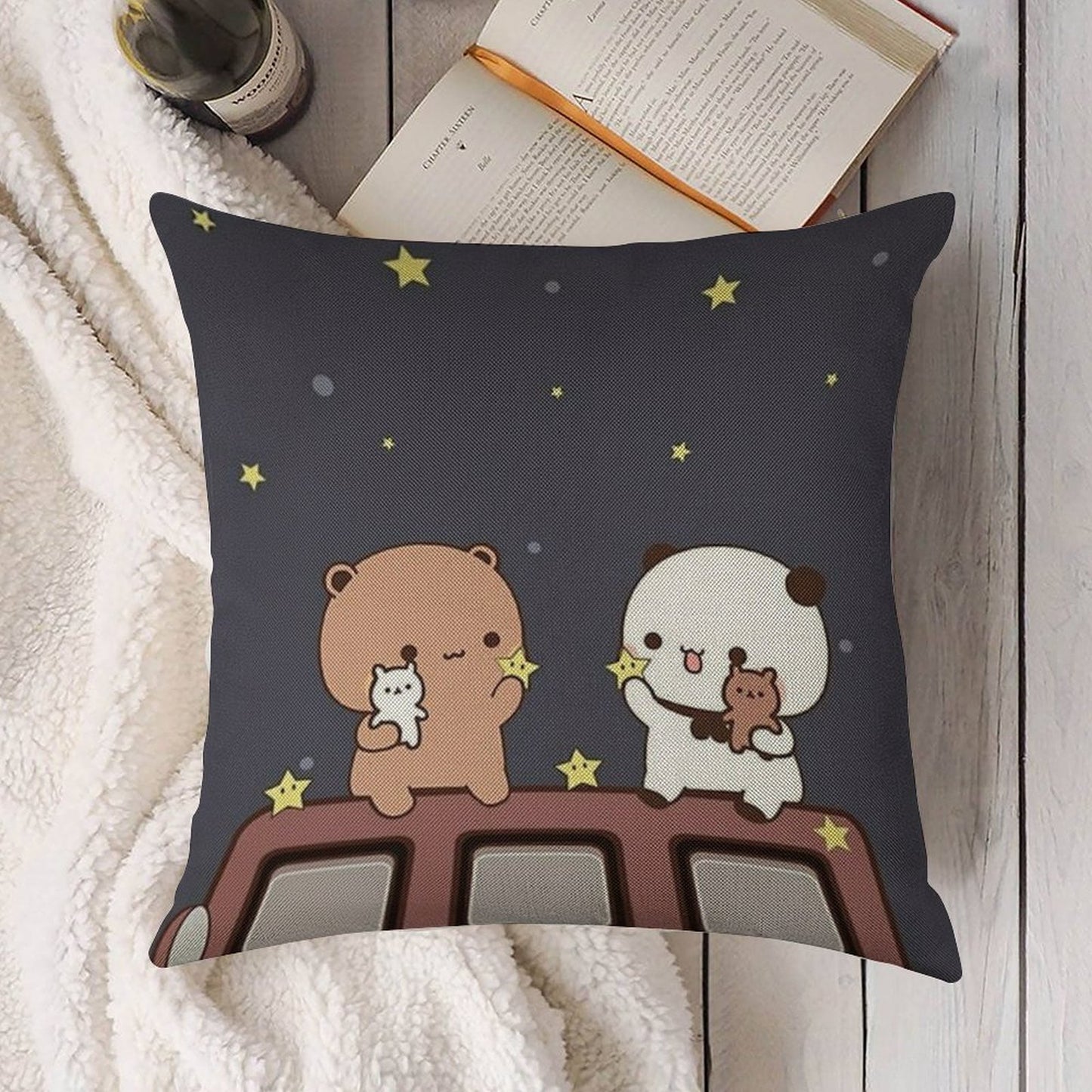 Bubu And Dudu Watching The Moon Together Linen Throw Pillow Cover