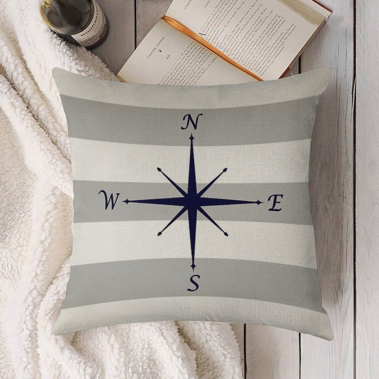 Nautical Navy Blue Compass On Silver Gray And White Stripes Linen Throw Pillow Cover