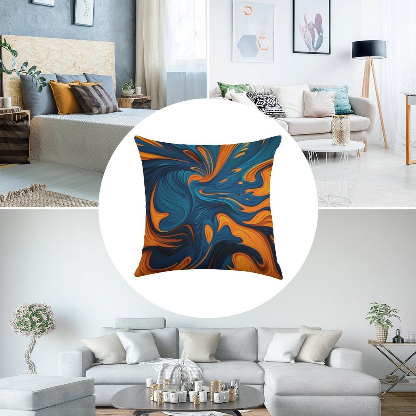 Oil Paint Orange And Blue Pattern Linen Throw Pillow Cover