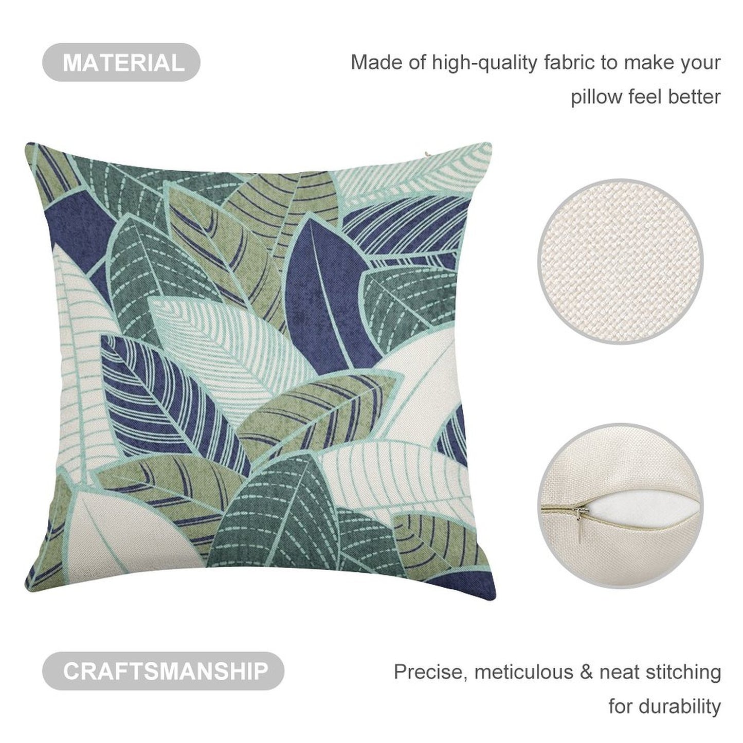 Leaf Wall Navy Blue Pine And Sage Green Leaves Mint Lines Linen Throw Pillow Cover