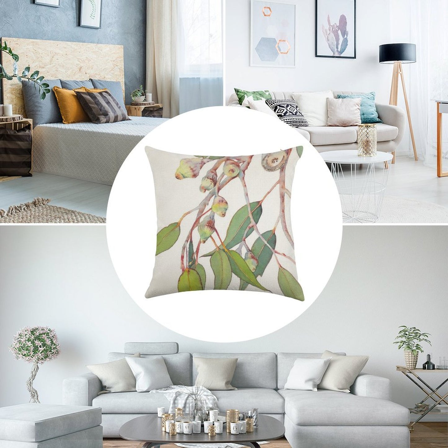 Australian Native Eucalyptus Tree Branch Watercolour Linen Throw Pillow Cover