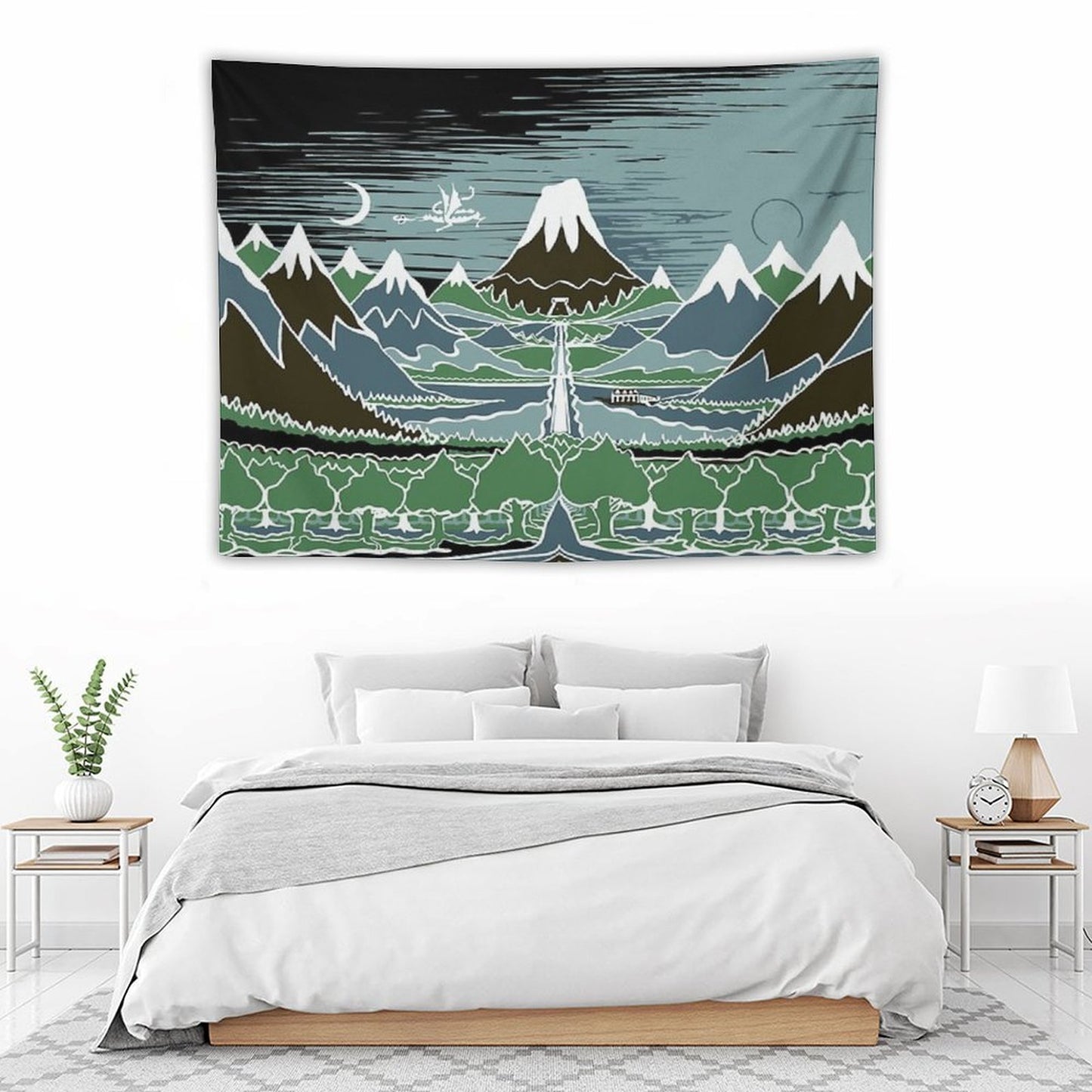 A Halflings Journey on A Mountain Path Through An Elven Wood in The Style of J.R.R.Tolkien Tapestry