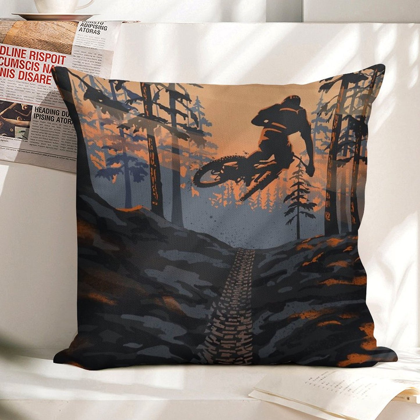 Retro Styled Mountain Biking Dirt Jumper Sunset Linen Throw Pillow Cover