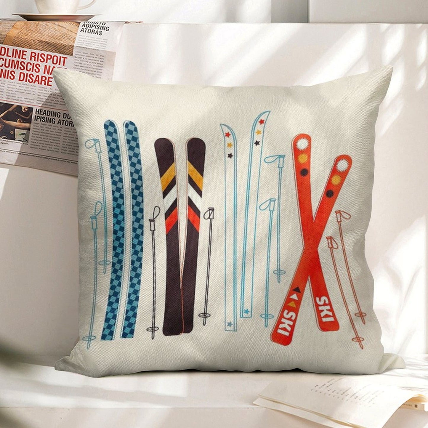 Colorful Retro Ski Illustration Linen Throw Pillow Cover