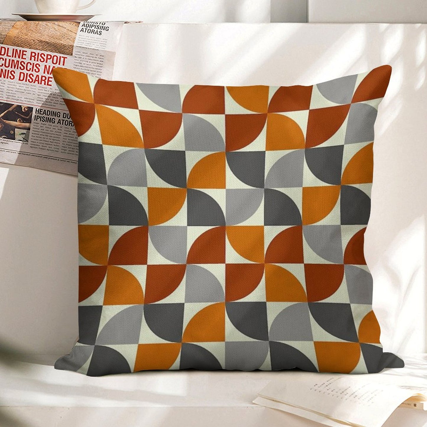 Grey And Orange Mid Century Modern Linen Throw Pillow Cover