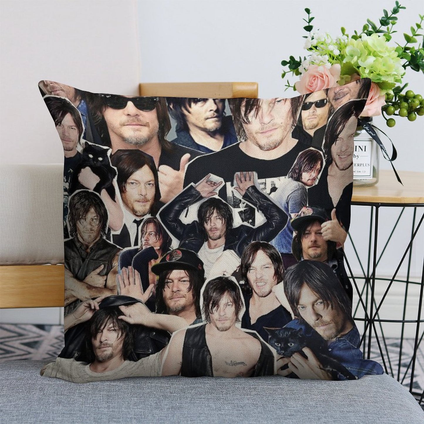 Norman Reedus Collage Linen Throw Pillow Cover