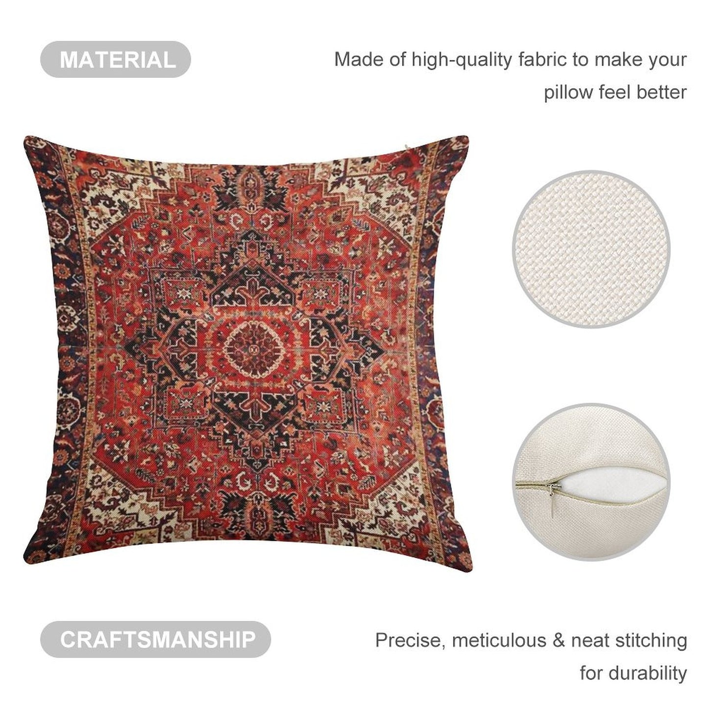 Heriz Antique Vintage Boho Persian Carpet Print Linen Throw Pillow Cover