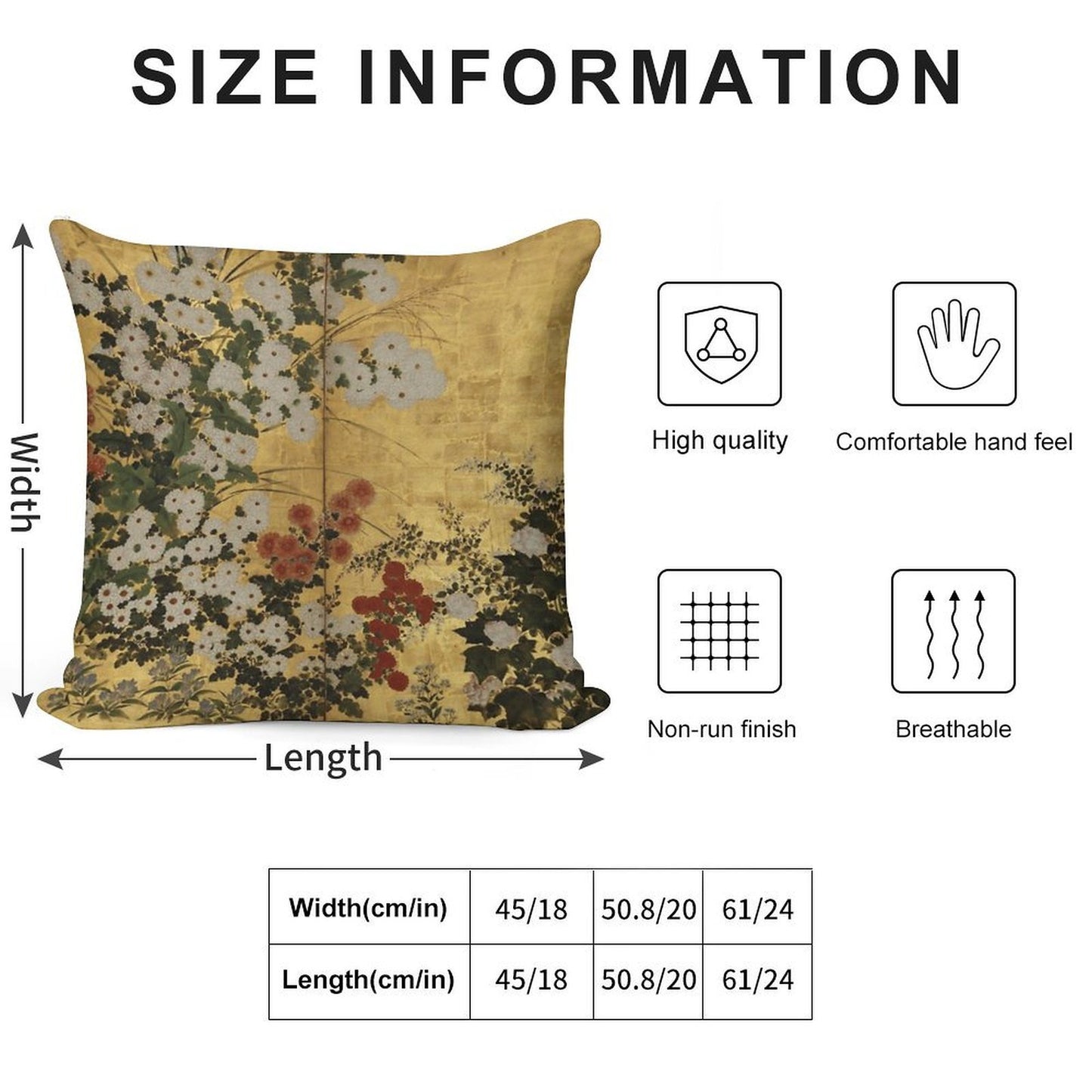White Red Chrysanthemums Floral Japanese Gold Screen Print Soft Reinforced Edging Throw Pillow