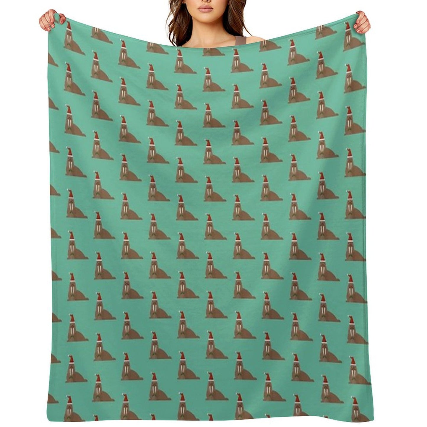 Christmas Walruses on Blue Throw Blanket