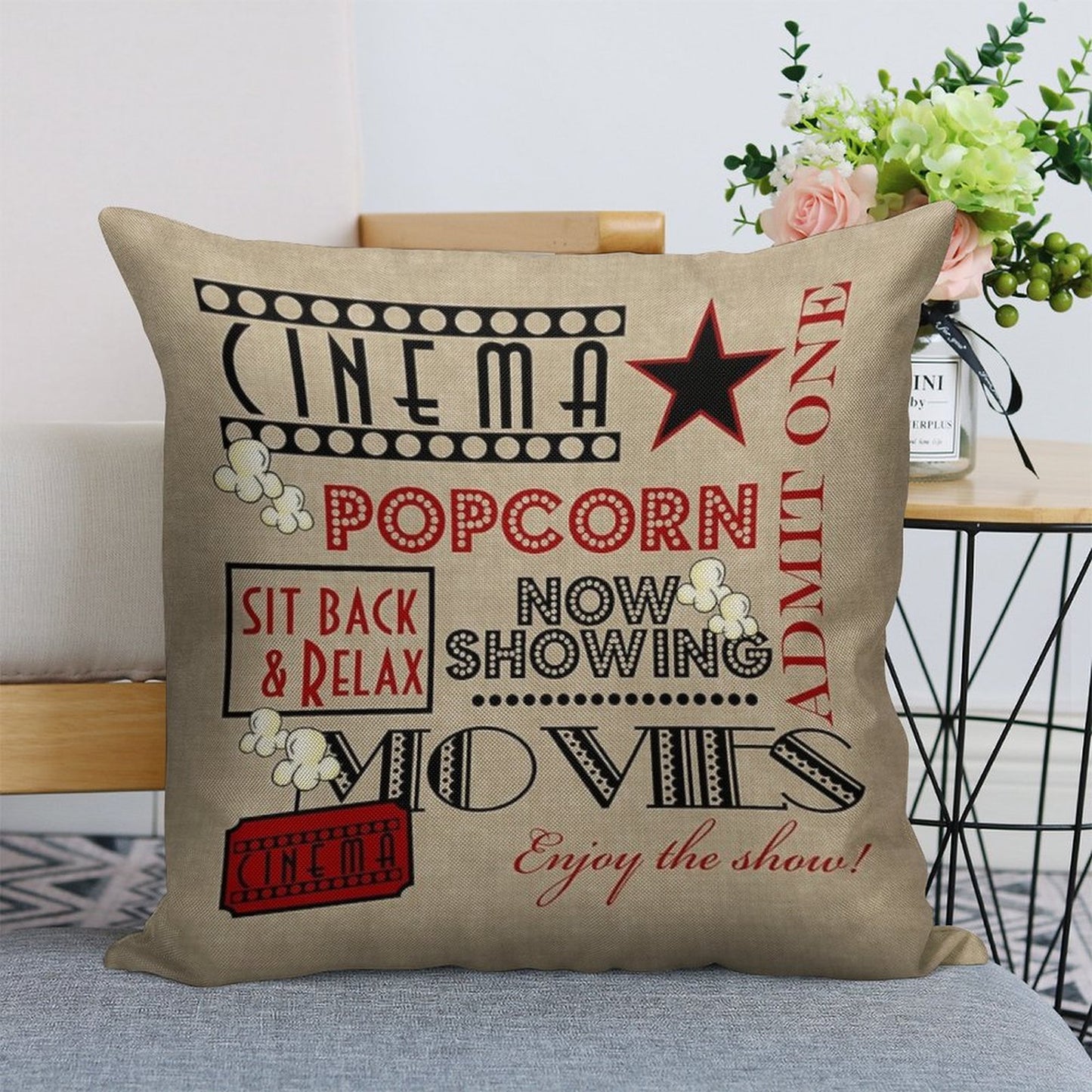 Movie Theater Cinema Admit One Ticket Pillow-Red Linen Throw Pillow Cover