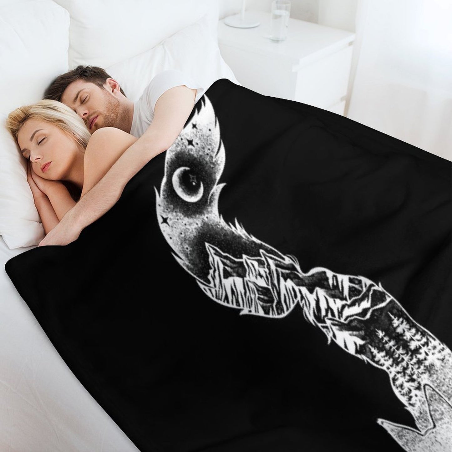 Fox Silhouette with Mountains, Trees & Moon T-Shirt Throw Blanket