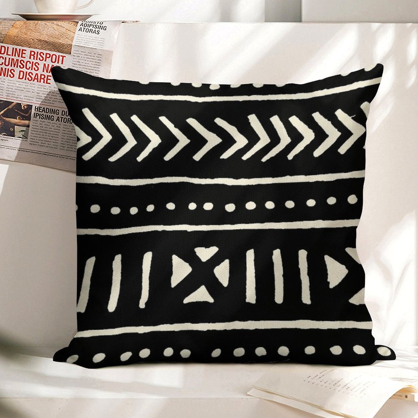 African Mud Cloth Black And White Linen Throw Pillow Cover