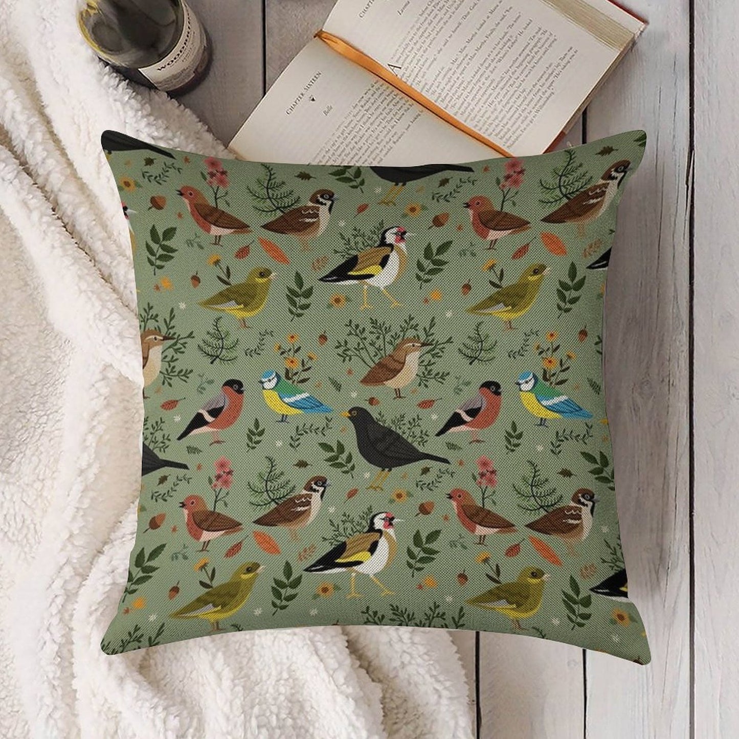 Garden Birds Linen Throw Pillow Cover