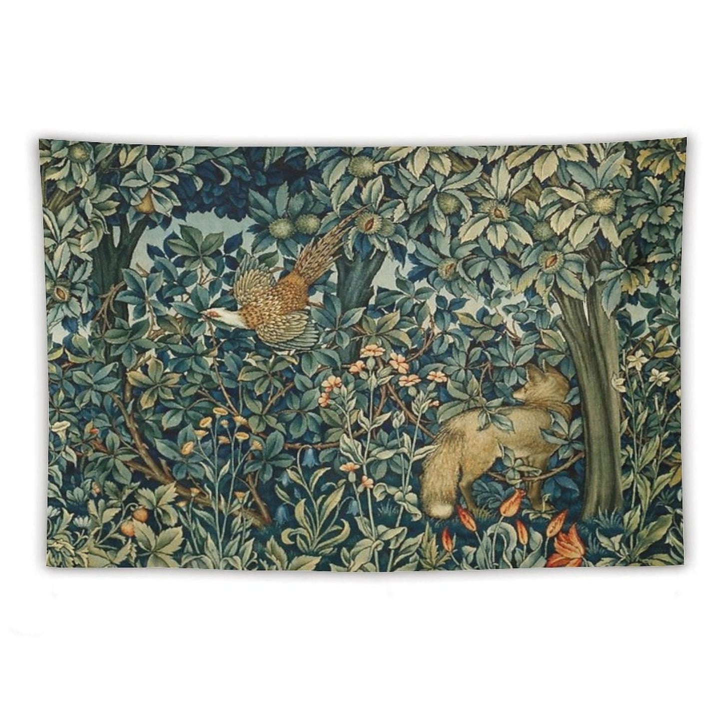GREENERY, FOREST ANIMALS Pheasant And Fox Blue Green Floral Tapestry Tapestry