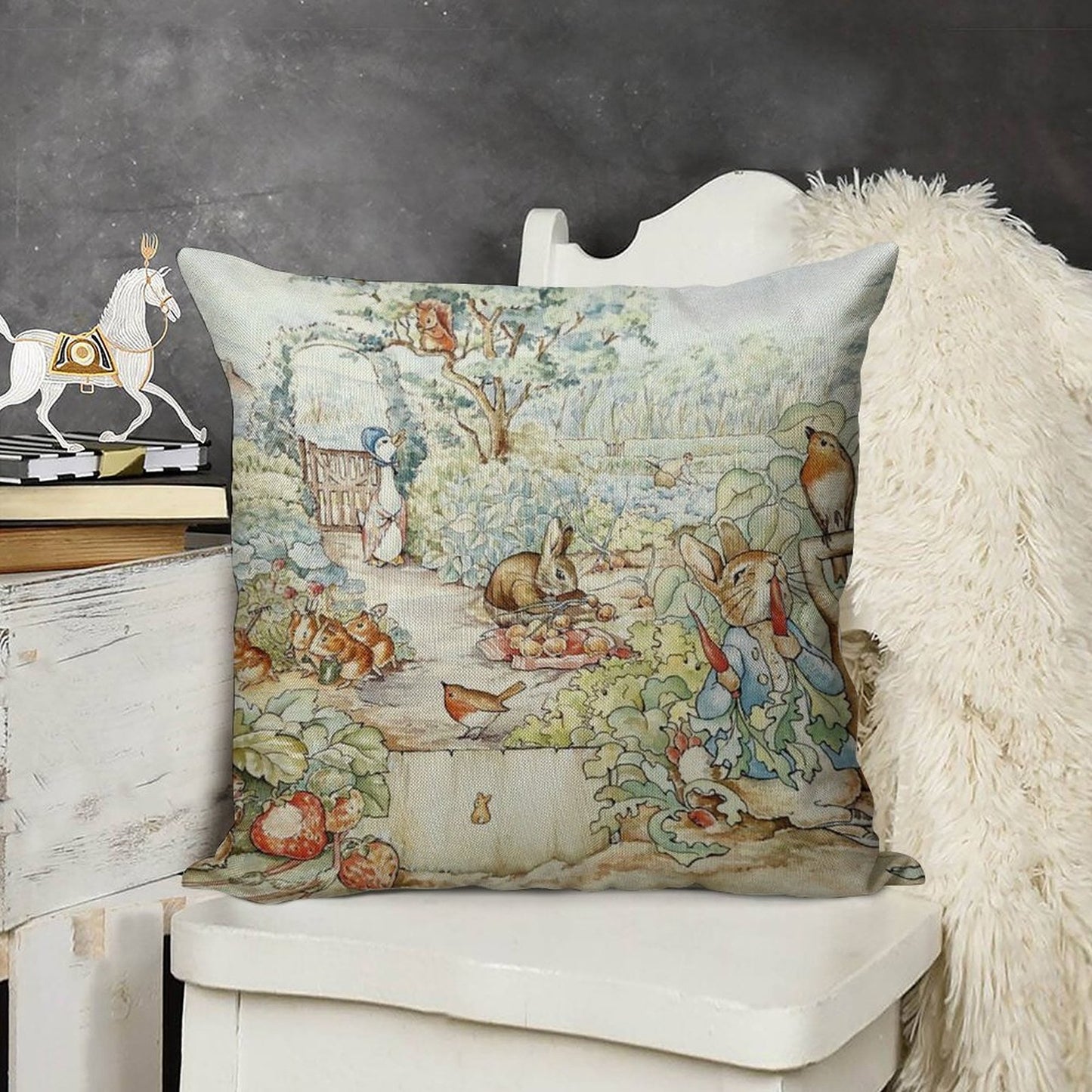 Beatrix Potter Storybook Characters in Garden Linen Throw Pillow Cover