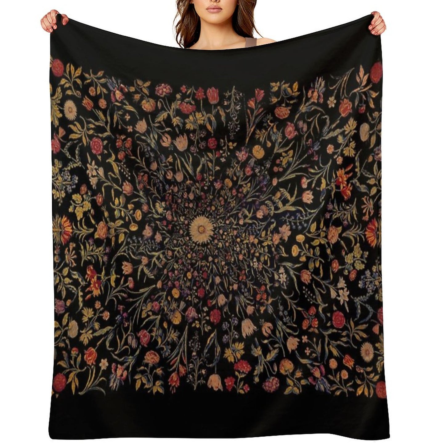 Medieval Flowers on Black Throw Blanket