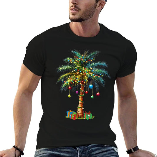 Womens Tropical Christmas Hawaiian Santa Xmas Lights Palm Tree Trendy Pattern T-Shirt