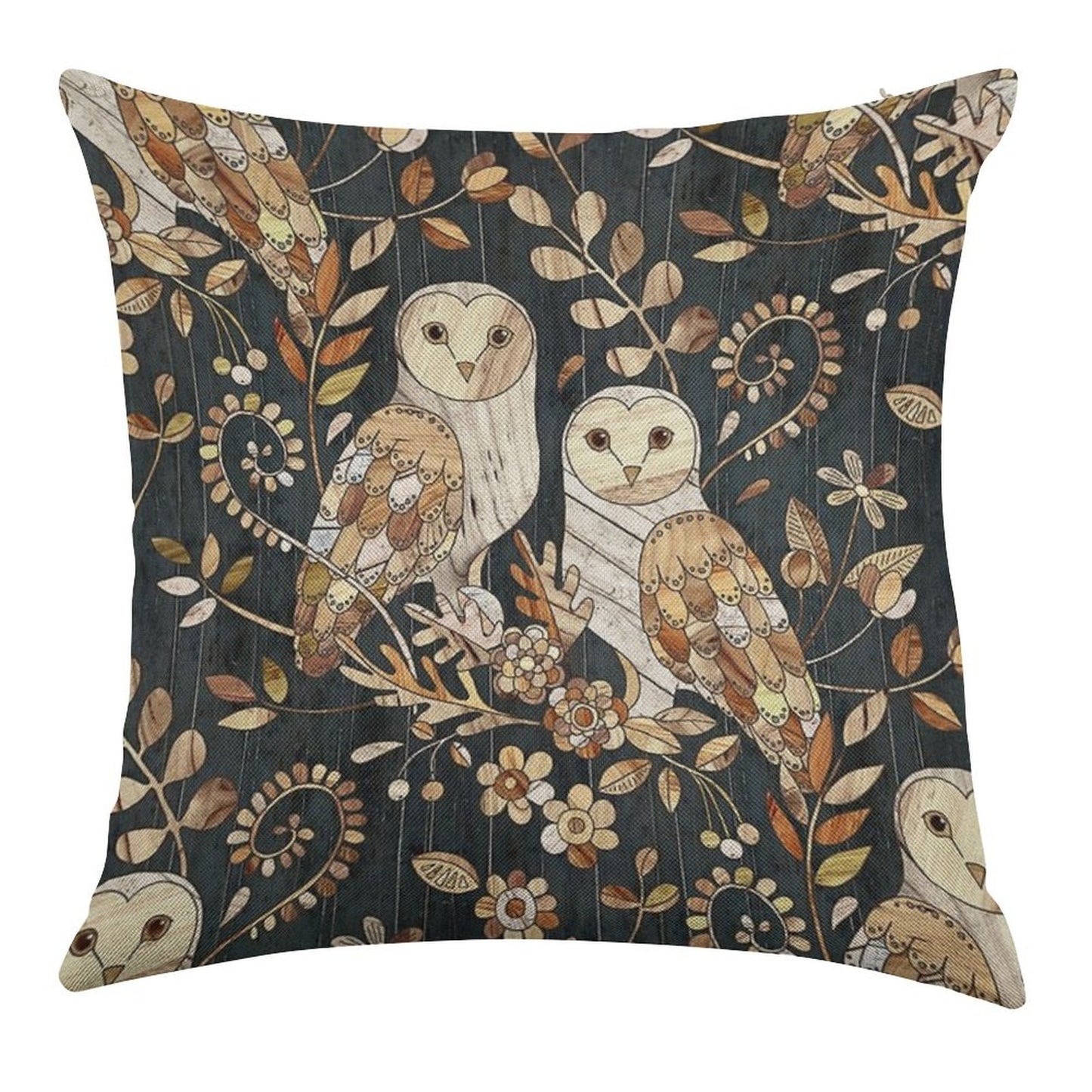 Wooden Wonderland Barn Owl Collage Linen Throw Pillow Cover