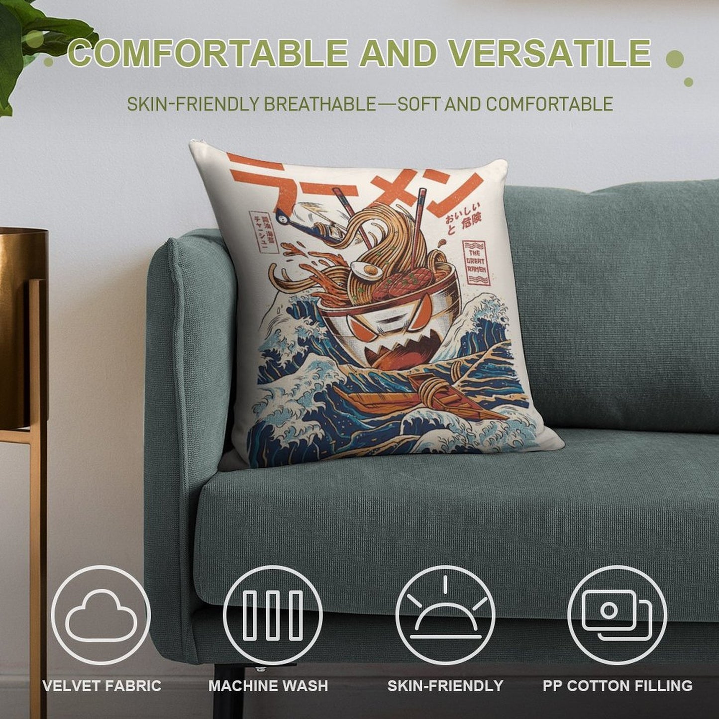 The Great Ramen Off Kanagawa Soft Shrink-Resistant Throw Pillow