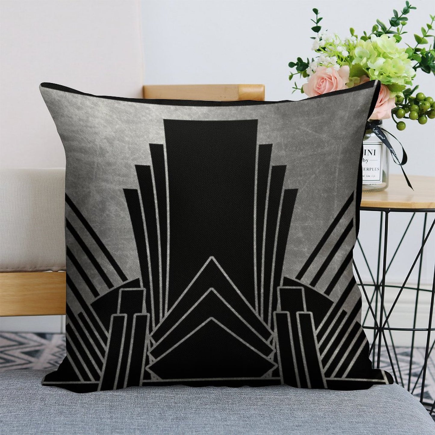Silver Art Deco Design Linen Throw Pillow Cover