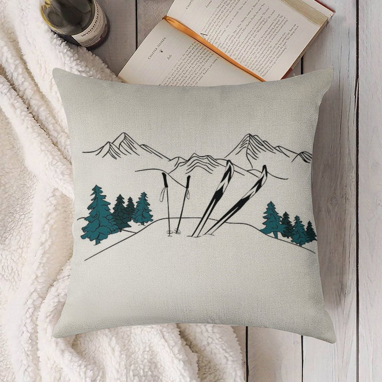 Ski You Later Winter Sports Scene Linen Throw Pillow Cover