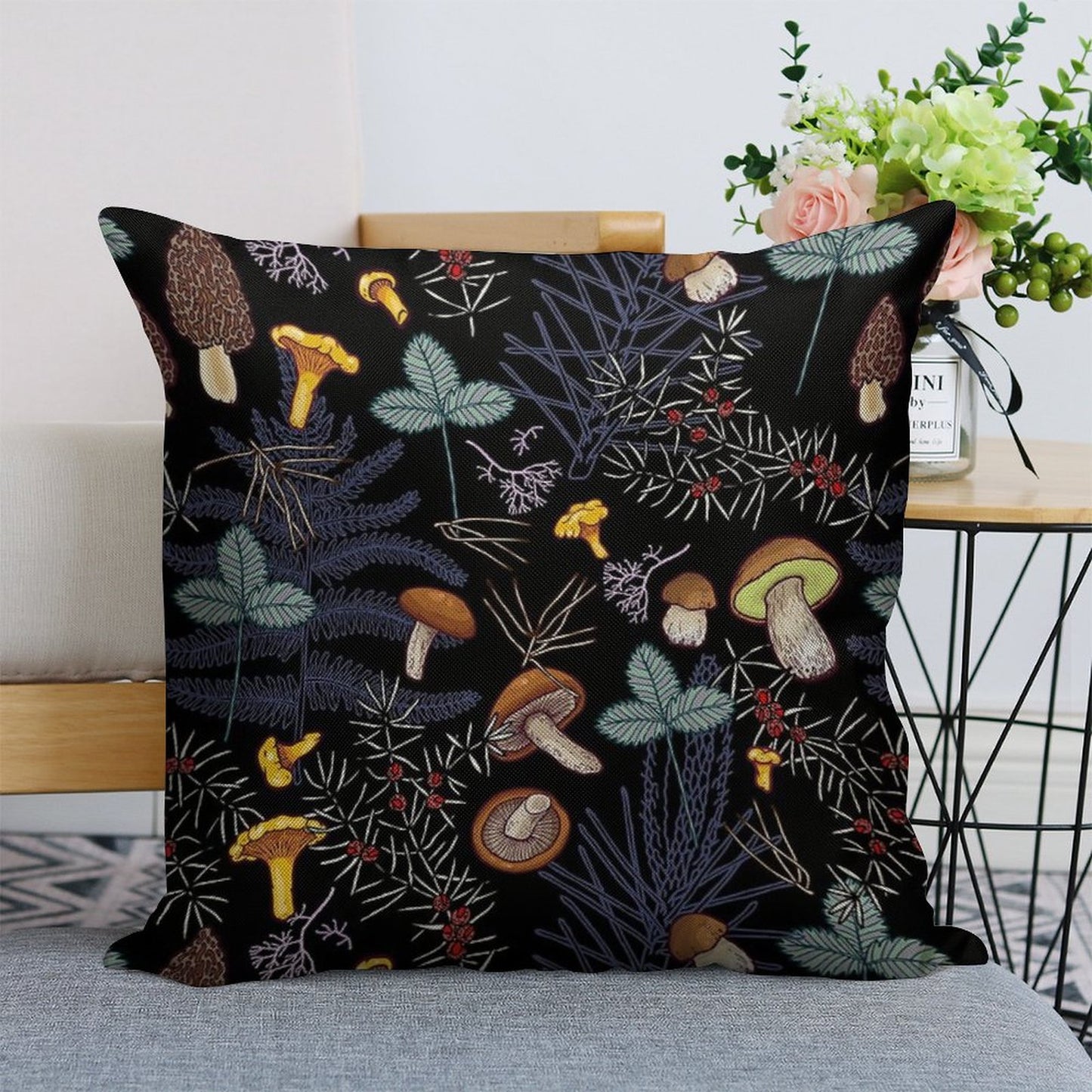 Dark Wild Forest Mushrooms Linen Throw Pillow Cover