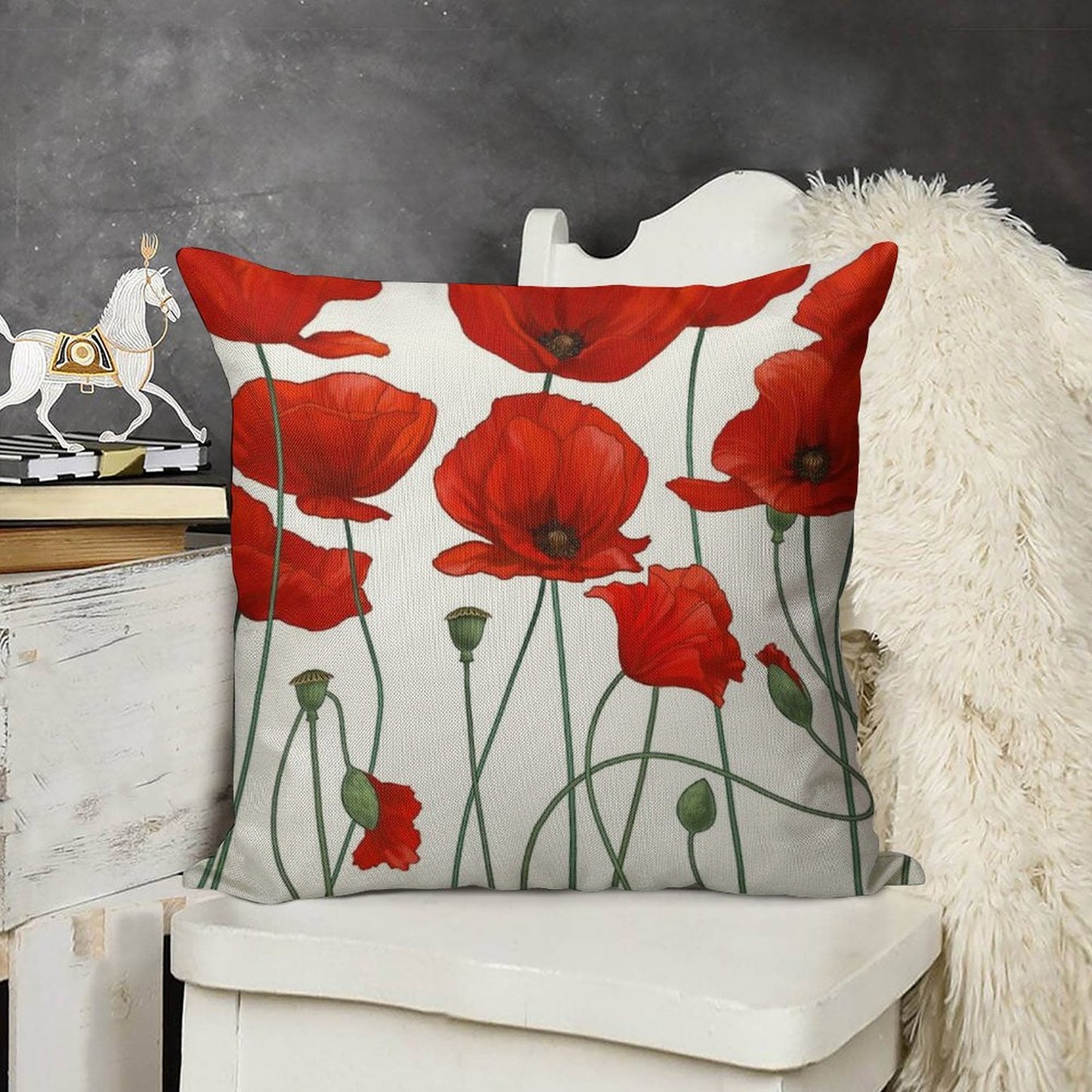 Poppy Stems. Linen Throw Pillow Cover