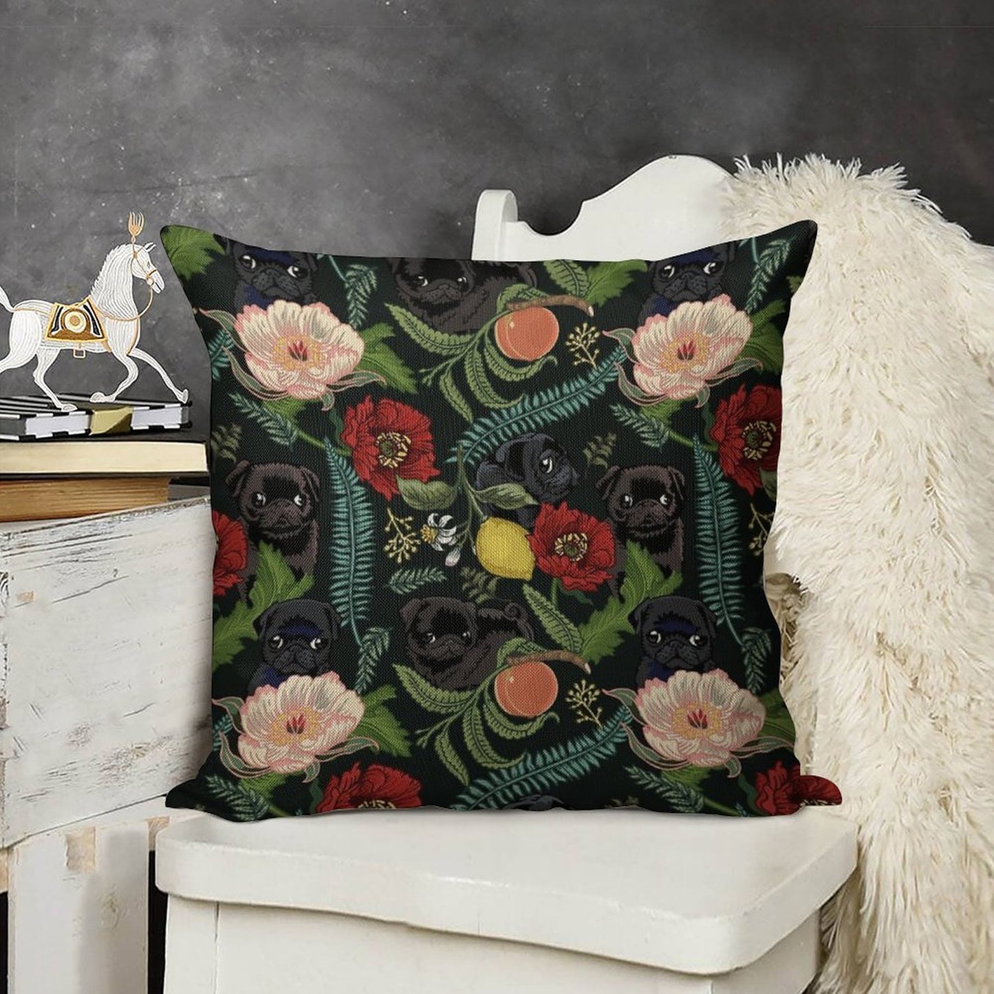 Botanical And Black Pugs Linen Throw Pillow Cover