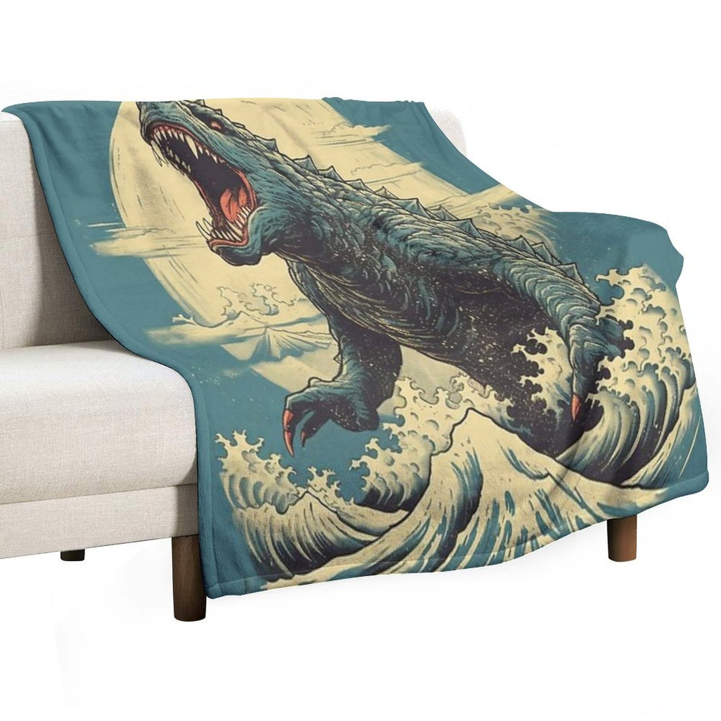 Vintage Japanese Godzilla Great Wave Throw Blanket