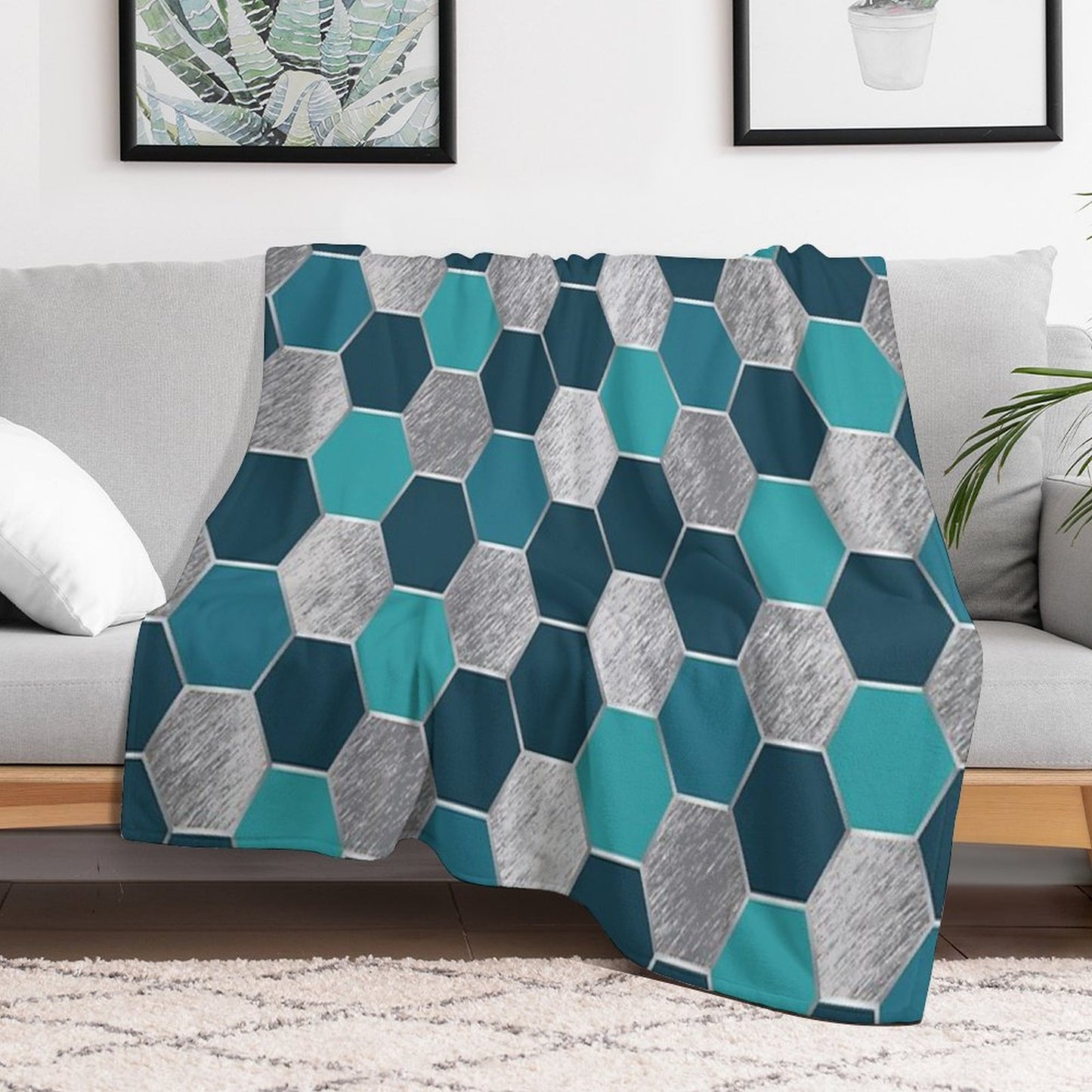 Metal Silver And Teal Geometric Hexagon Pattern Throw Blanket