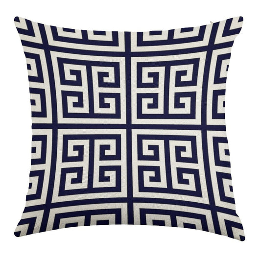Greek Key Navy Blue And White Pattern Linen Throw Pillow Cover