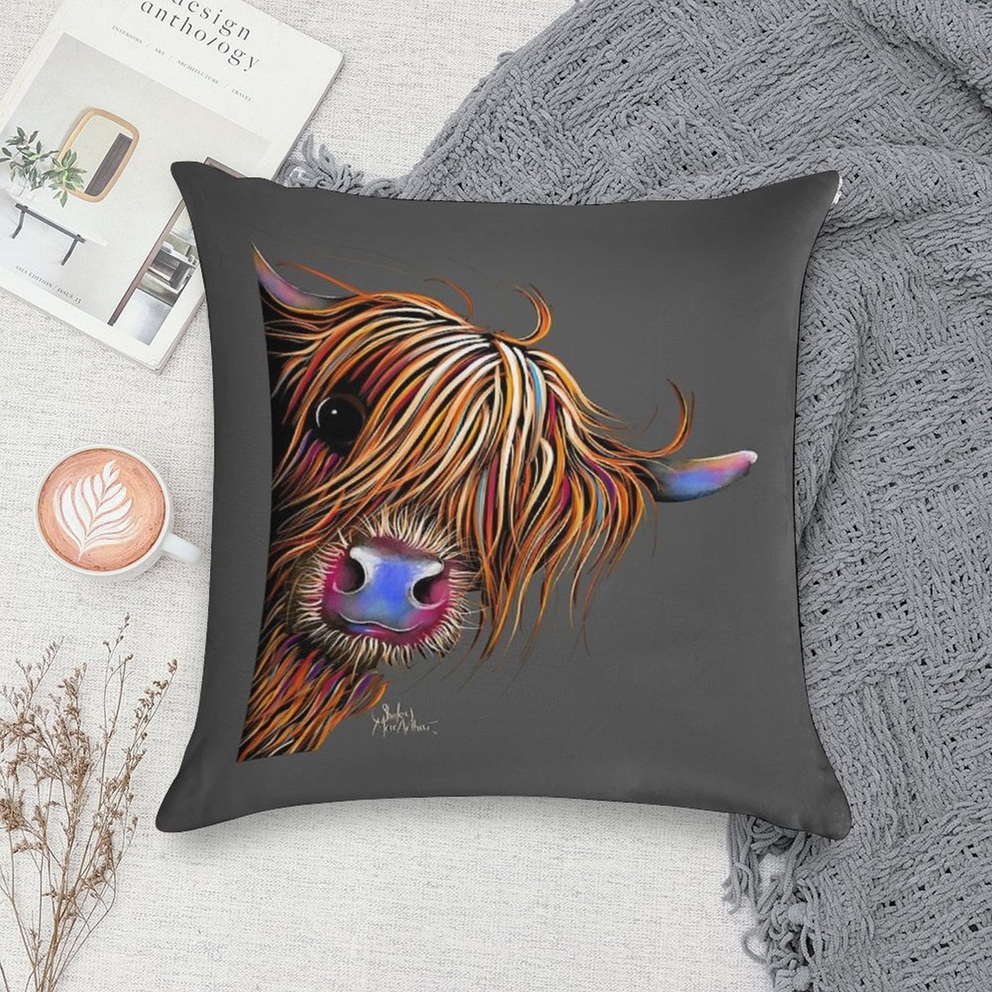 HiGHLaND CoW PRiNT SCoTTiSH ' SuGaR LuMP ON GReY ‘ BY SHiRLeY MacARTHuR Soft Anti-Pilling Throw Pillow