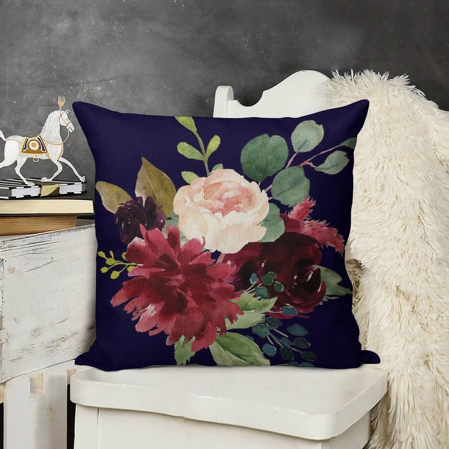 Navy, Burgundy And Blush Floral Art with Eucalyptus Linen Throw Pillow Cover