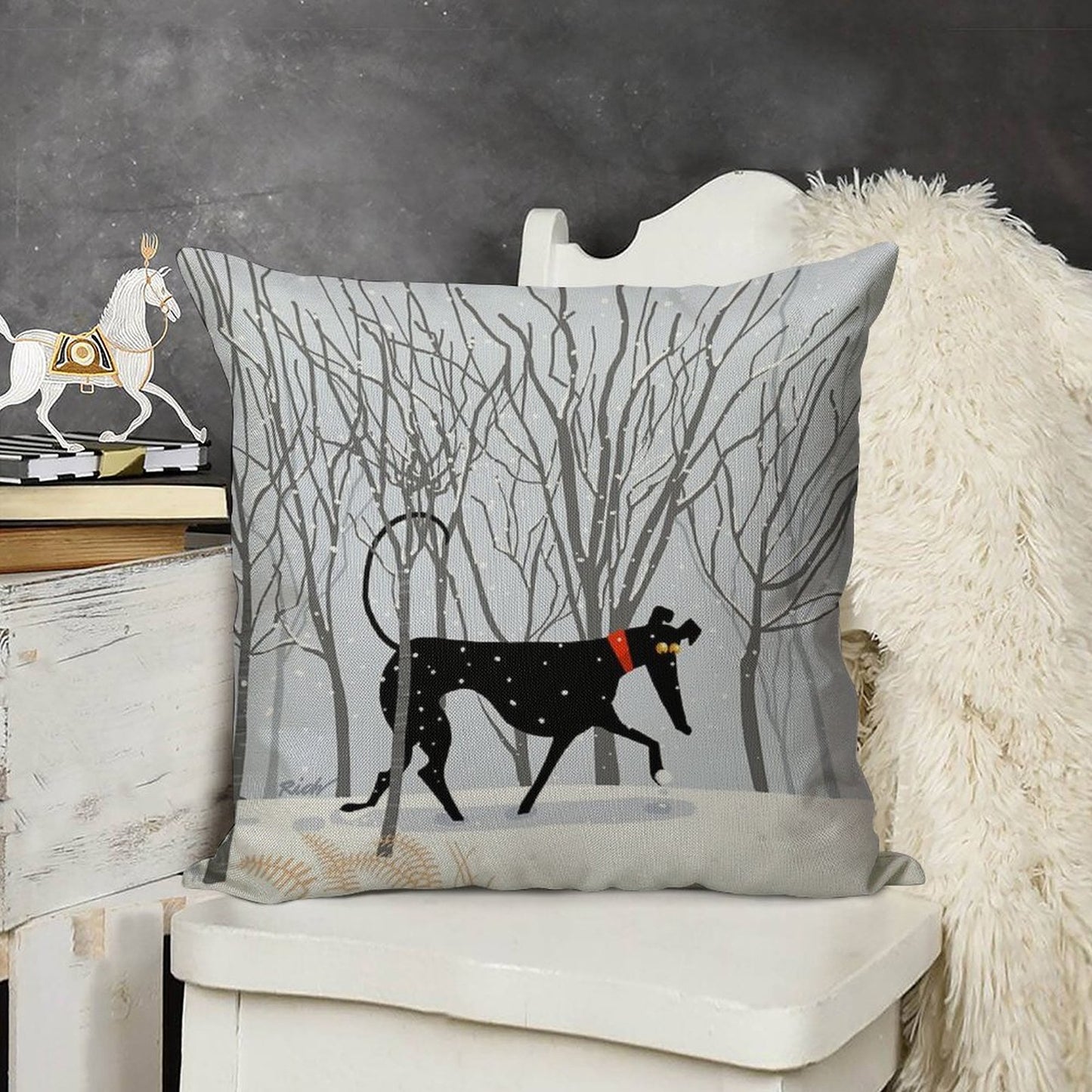 Winter Hound Linen Throw Pillow Cover
