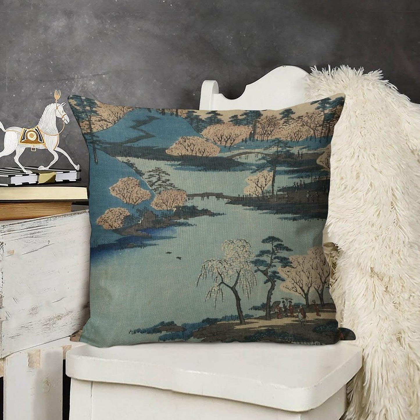 Vintage 1800's Japanese River Landscape Art Linen Throw Pillow Cover
