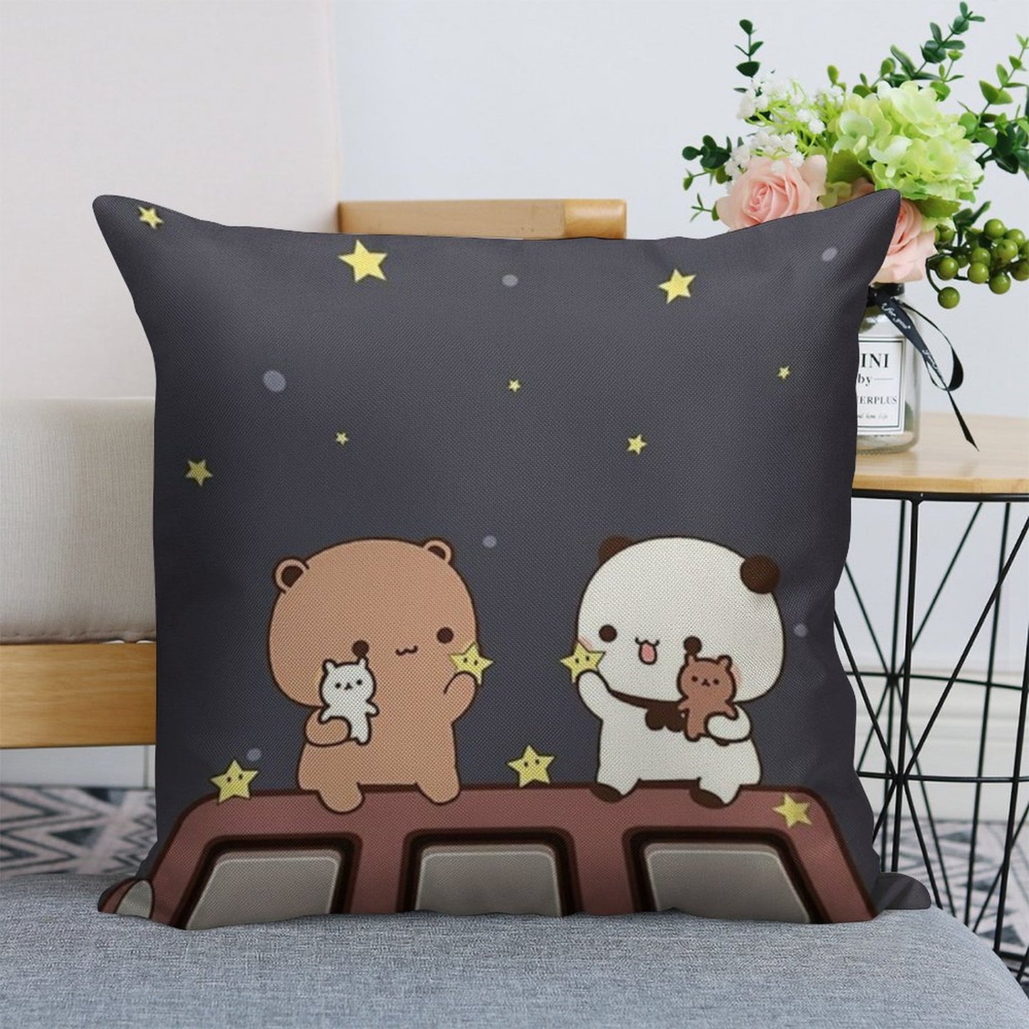 Bubu And Dudu Watching The Moon Together Linen Throw Pillow Cover