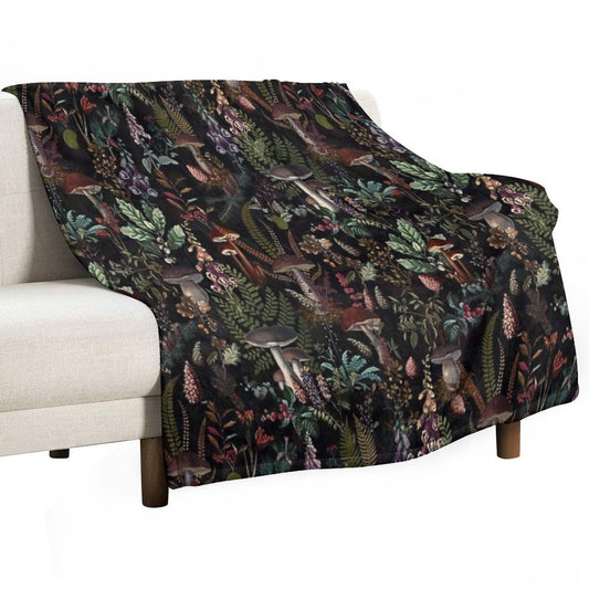 Vintage Mysterious Mushrooms Forest Botanical Botanical Night Garden Pattern NightGarden Throw Blanket