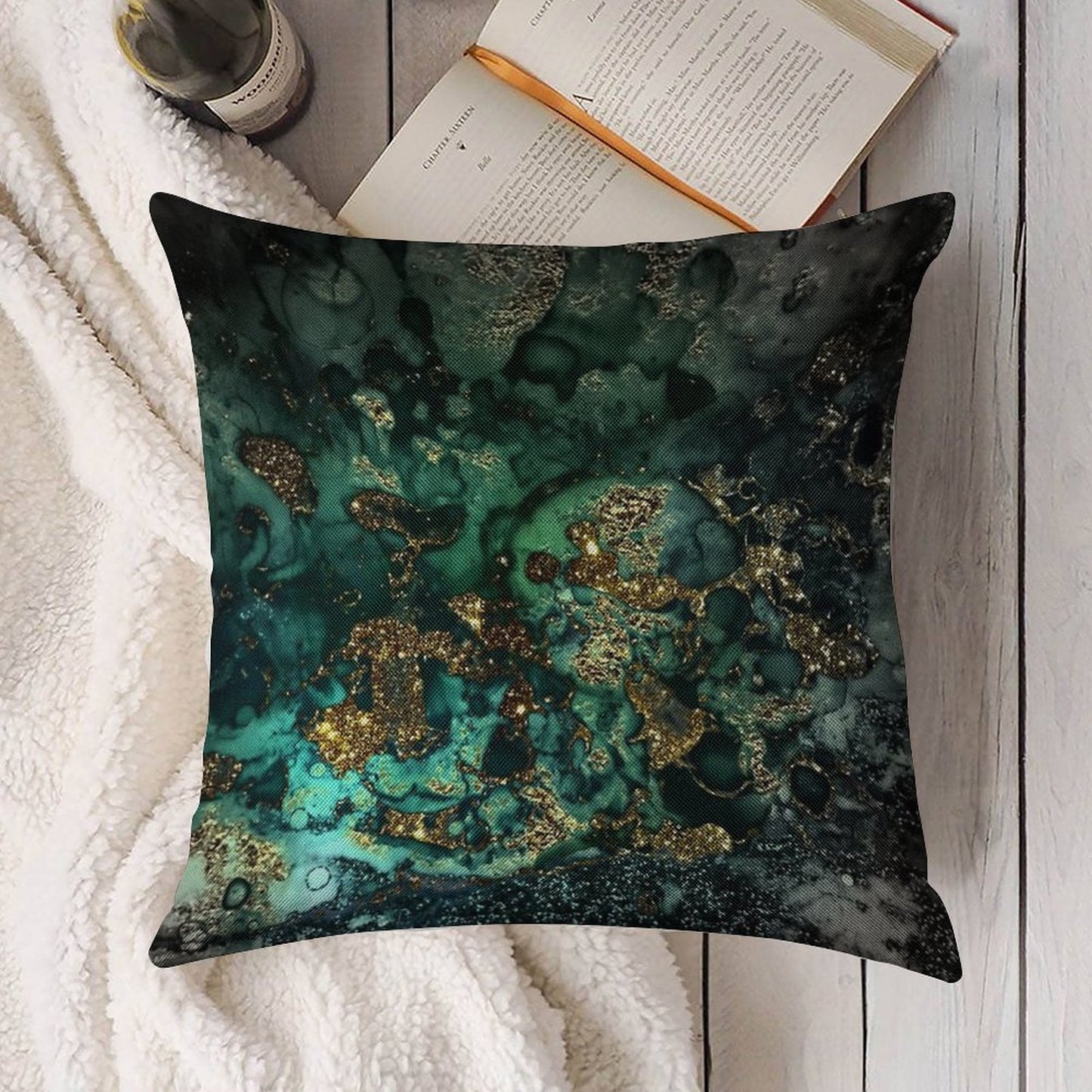 Gold Indigo Faux Malachite Marble Linen Throw Pillow Cover