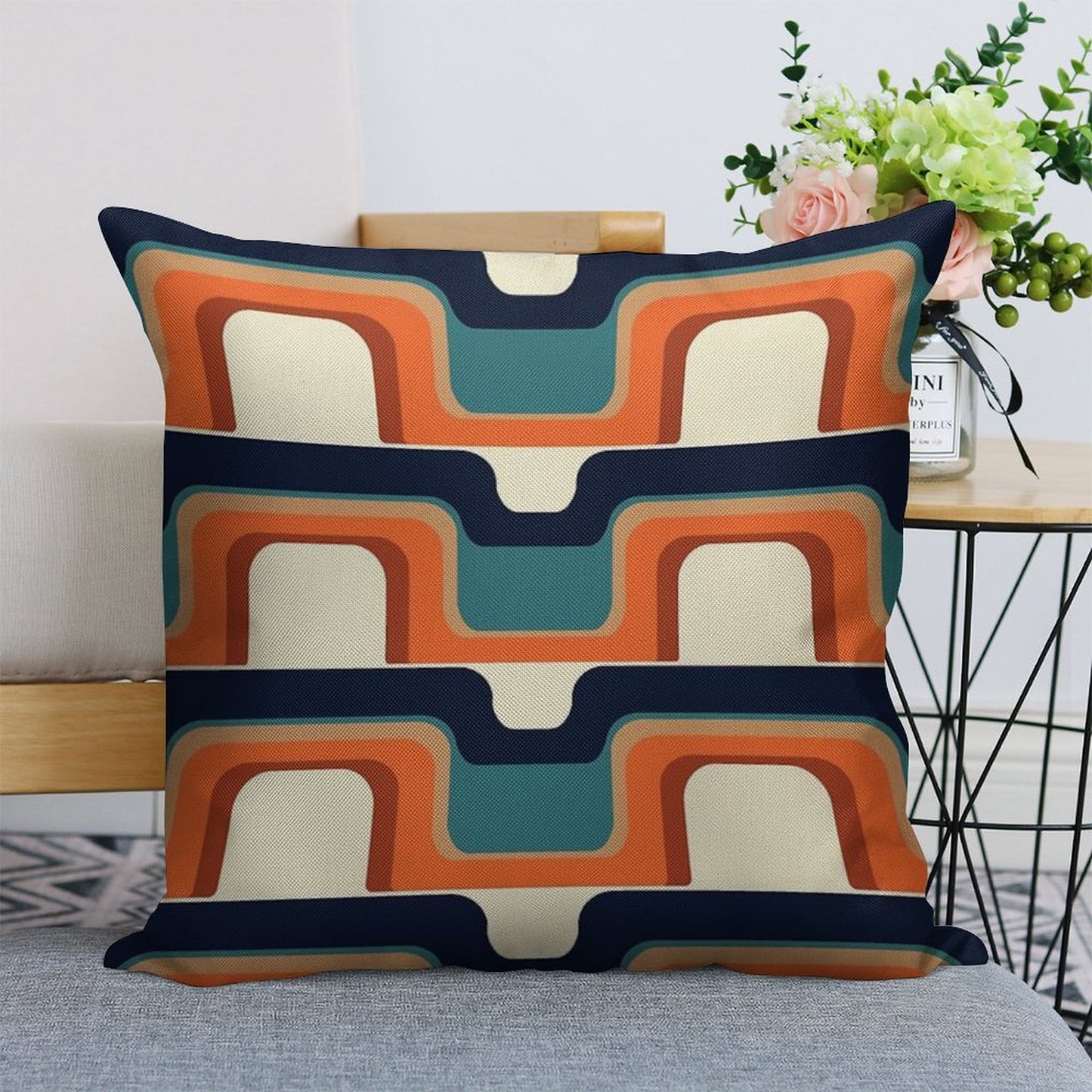 Mid-Century Modern Meets 1970s Orange & Blue Linen Throw Pillow Cover